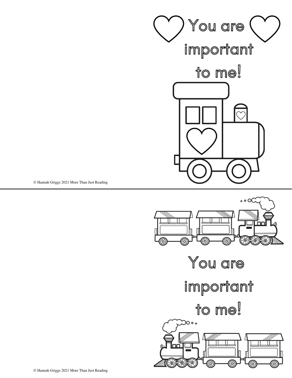 Appreciation cards 3–4 of 4, both saying 'You are important to me!' with black-and-white train illustrations