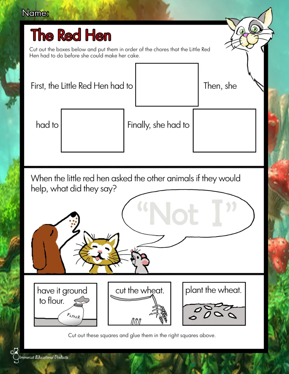 The Red Hen story sequencing: students cut out three wheat chores, glue them in First, Then, Finally order and recall Not I