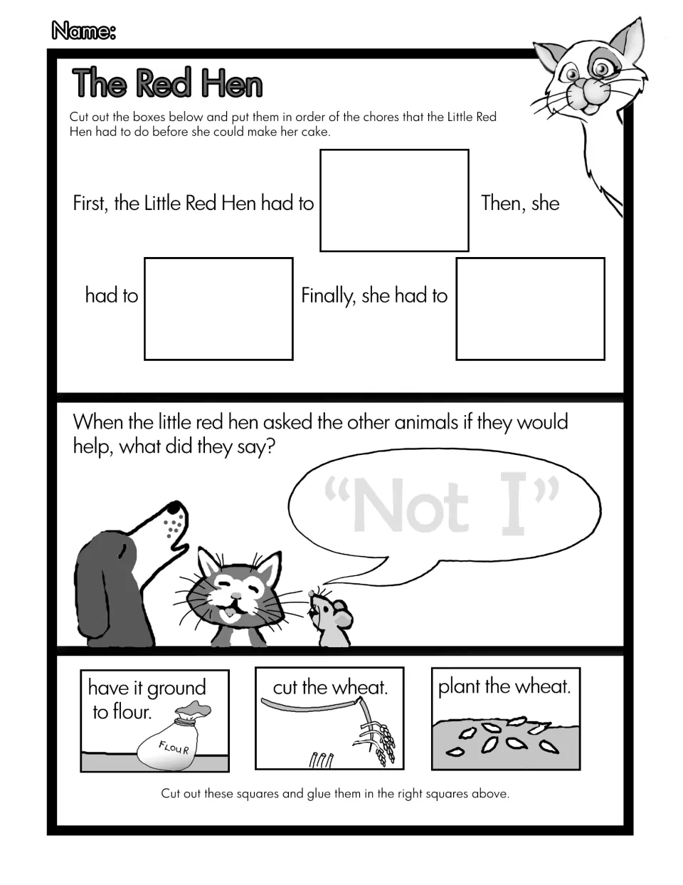 Black-and-white The Red Hen sequencing: plant, cut and grind the wheat in order, then answer what the other animals said