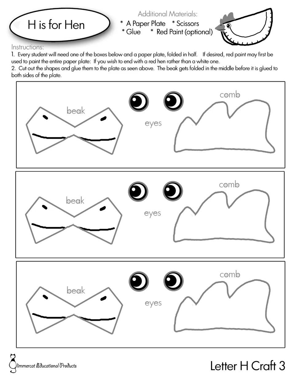 H is for Hen craft pieces in black and white: outlined beak, eyes and comb for students to color, cut and glue on a plate