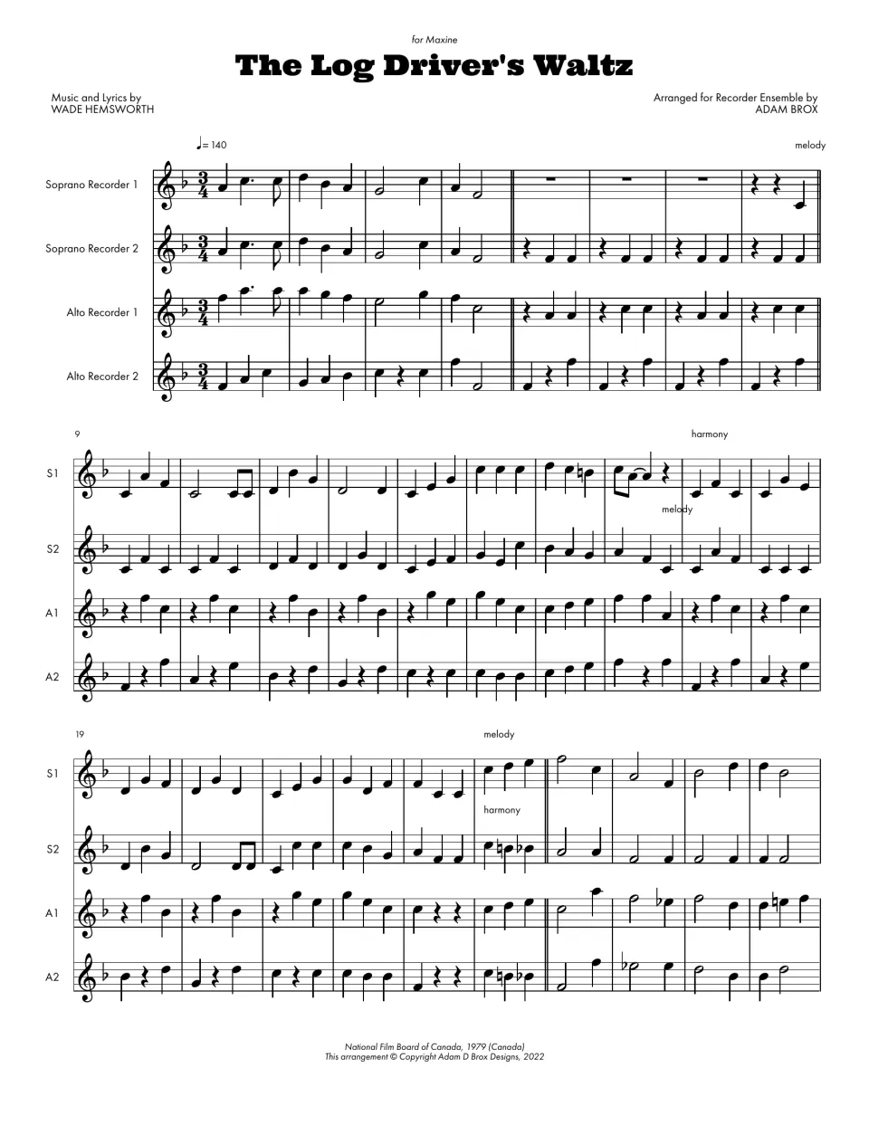 Log Driver's Waltz full score, bars 1-28: two soprano and two alto recorders in 3/4, F major, trading melody and harmony