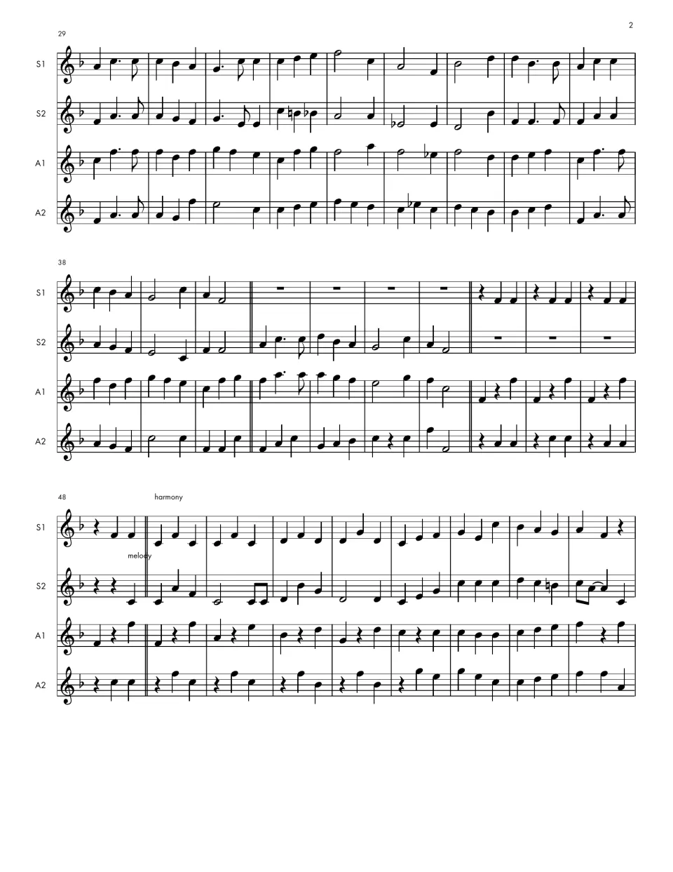 Full score, bars 29-56: the four recorder parts continue the waltz, with S1 and S2 swapping melody and harmony at bar 49