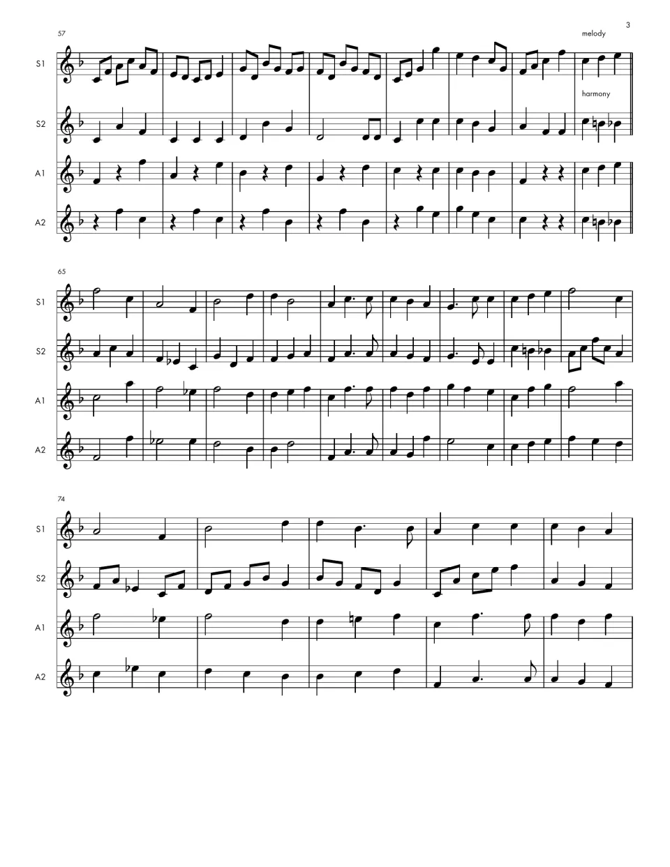 Full score, bars 57-78: soprano 1 plays a busy eighth-note harmony line, then the sopranos trade parts again at bar 65