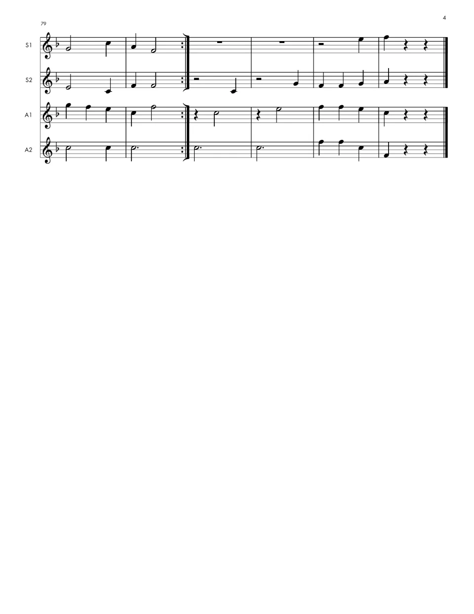 Full score ending, bars 79 onward: repeat sign followed by a short four-part coda that closes on a final barline