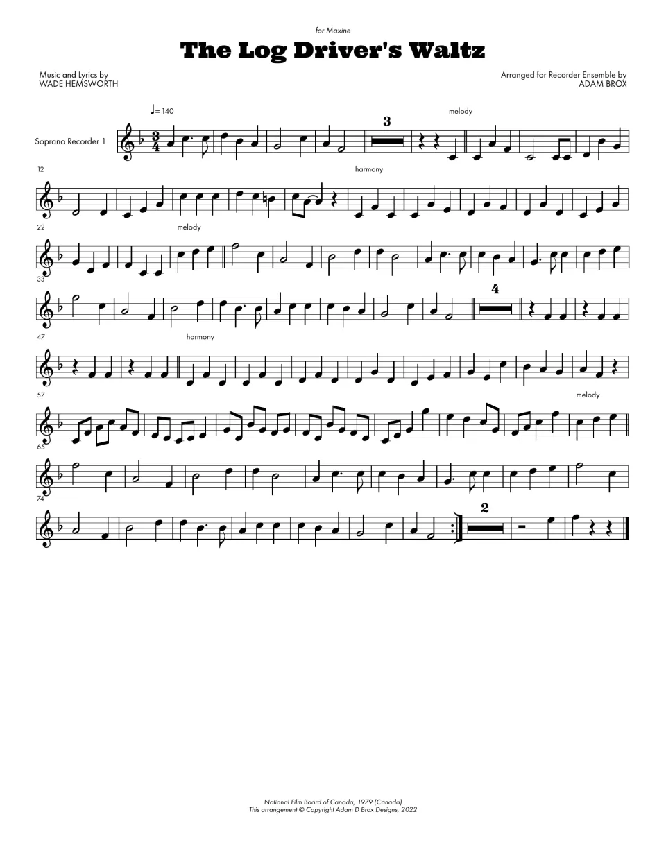 Soprano Recorder 1 part: the first soprano line in 3/4, with multi-bar rests and cues marking melody and harmony sections