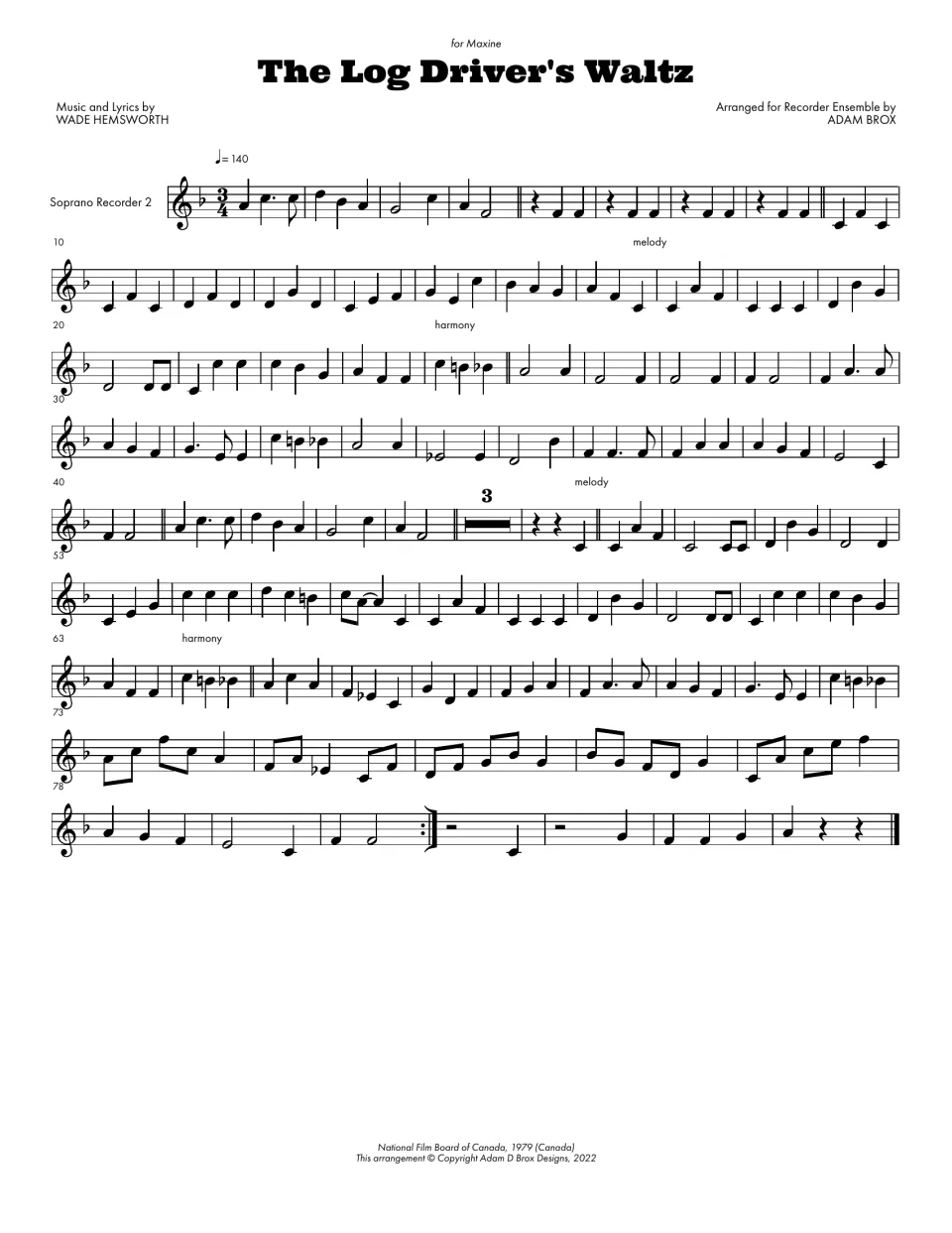 Soprano Recorder 2 part: second soprano line with labelled switches between melody and harmony, ending after a repeat