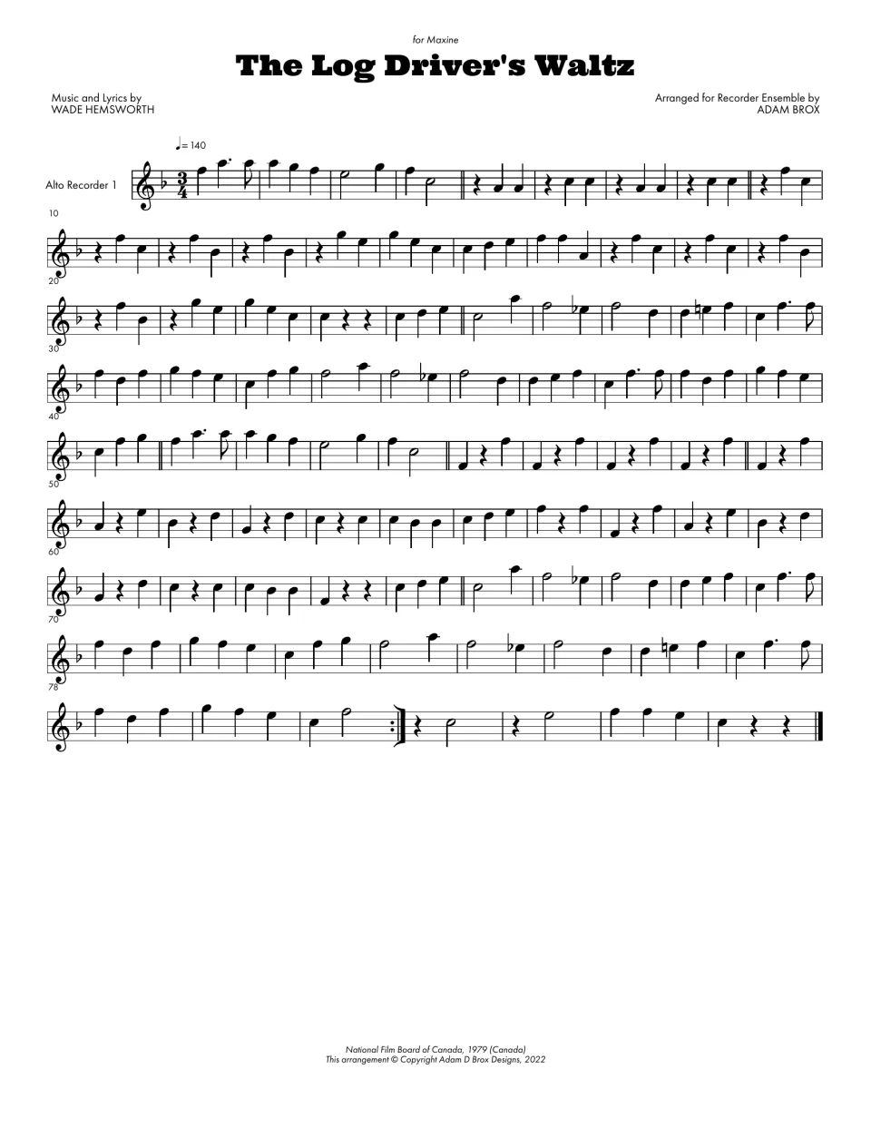 Alto Recorder 1 part: upper alto line in F major and 3/4, mostly quarter notes, half notes and rests
