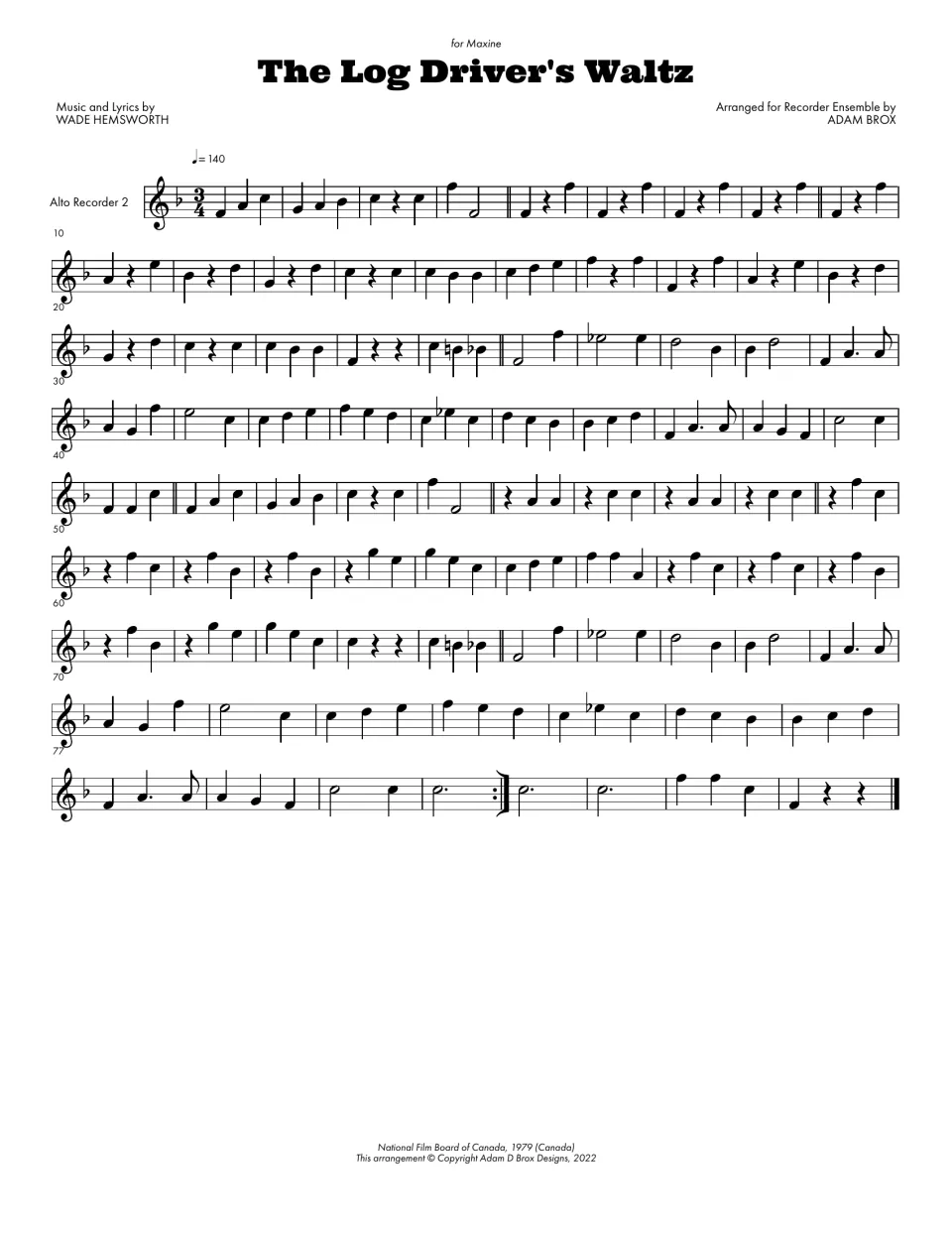Alto Recorder 2 part: lowest line of the arrangement, a bass accompaniment of quarter and half notes through to the coda