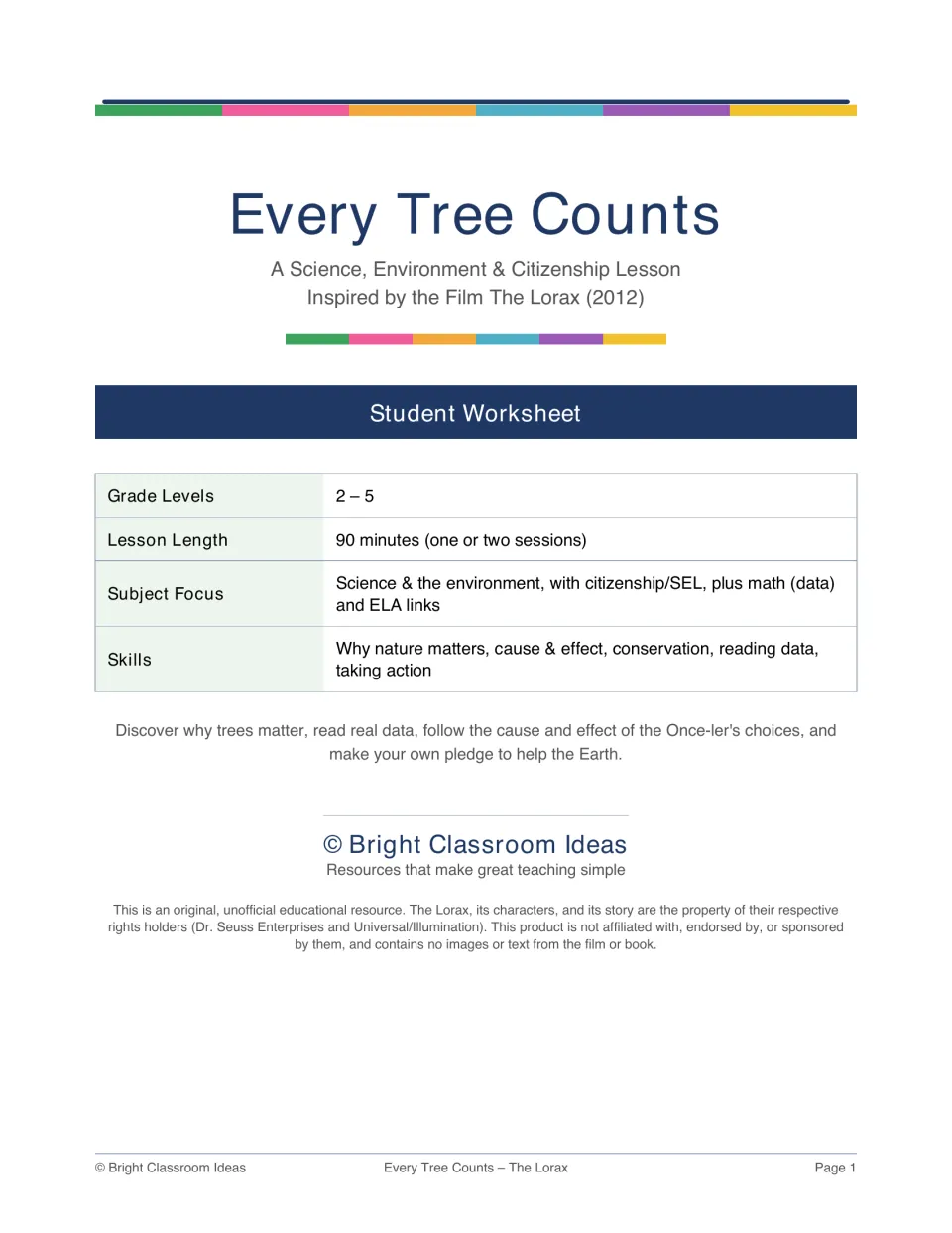 Every Tree Counts student worksheet cover: a Lorax-inspired environment lesson listing grades, length and skills