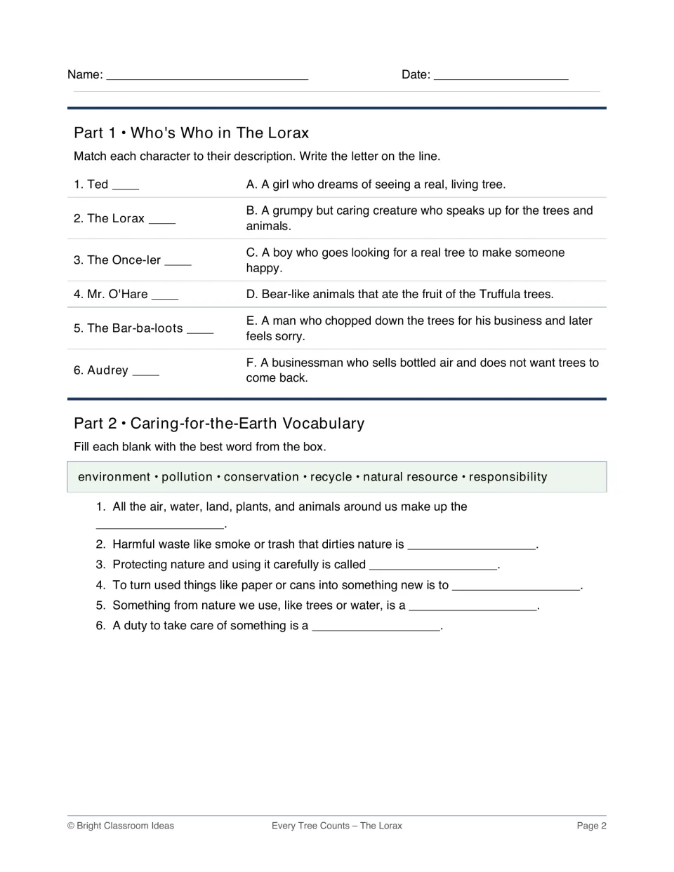 Lorax characters and Earth vocabulary: students match 6 characters to descriptions, then fill blanks from a word bank