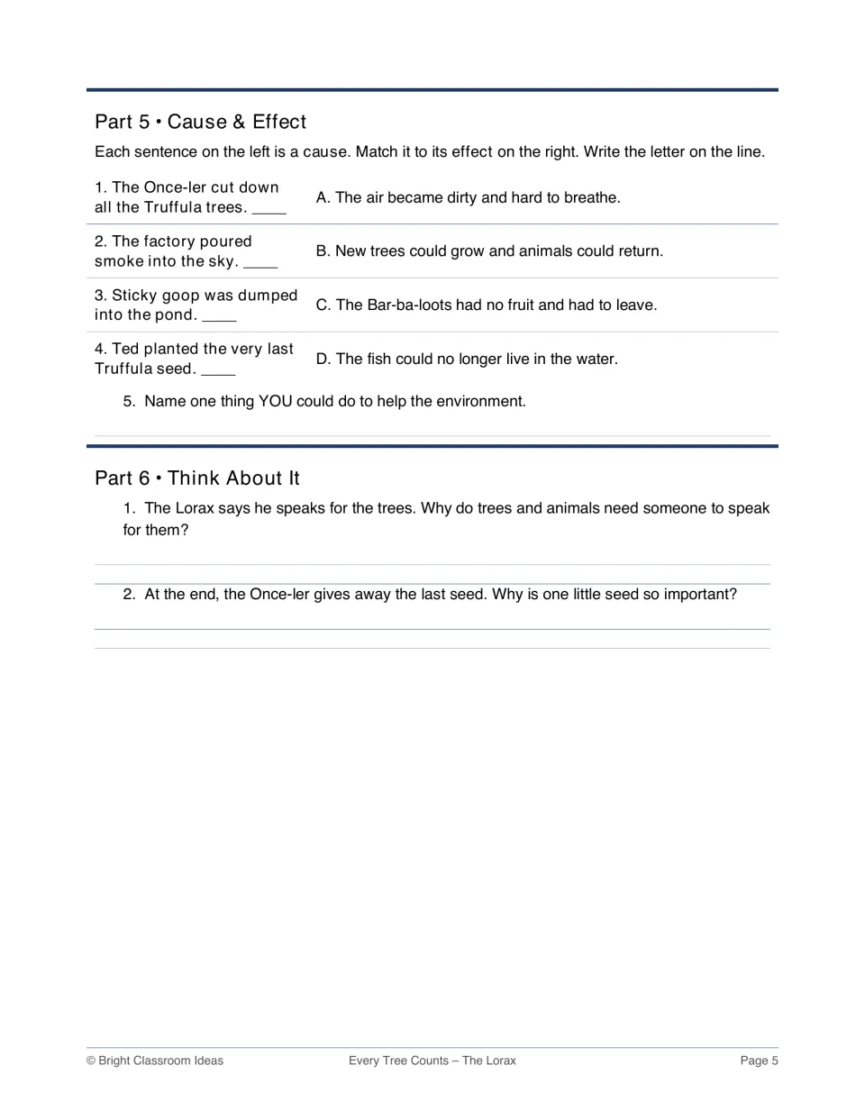 Cause and effect: students match four story events to their effects, then answer two Think About It questions
