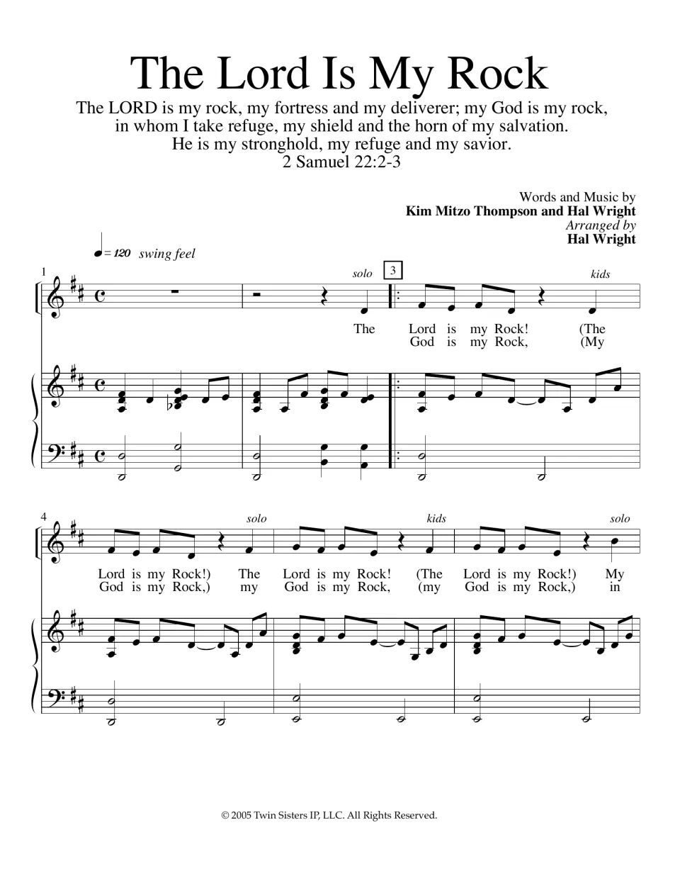 Song setting of 2 Samuel 22:2-3, bars 1-6: a solo sings each line and kids echo it, with piano accompaniment in swing feel