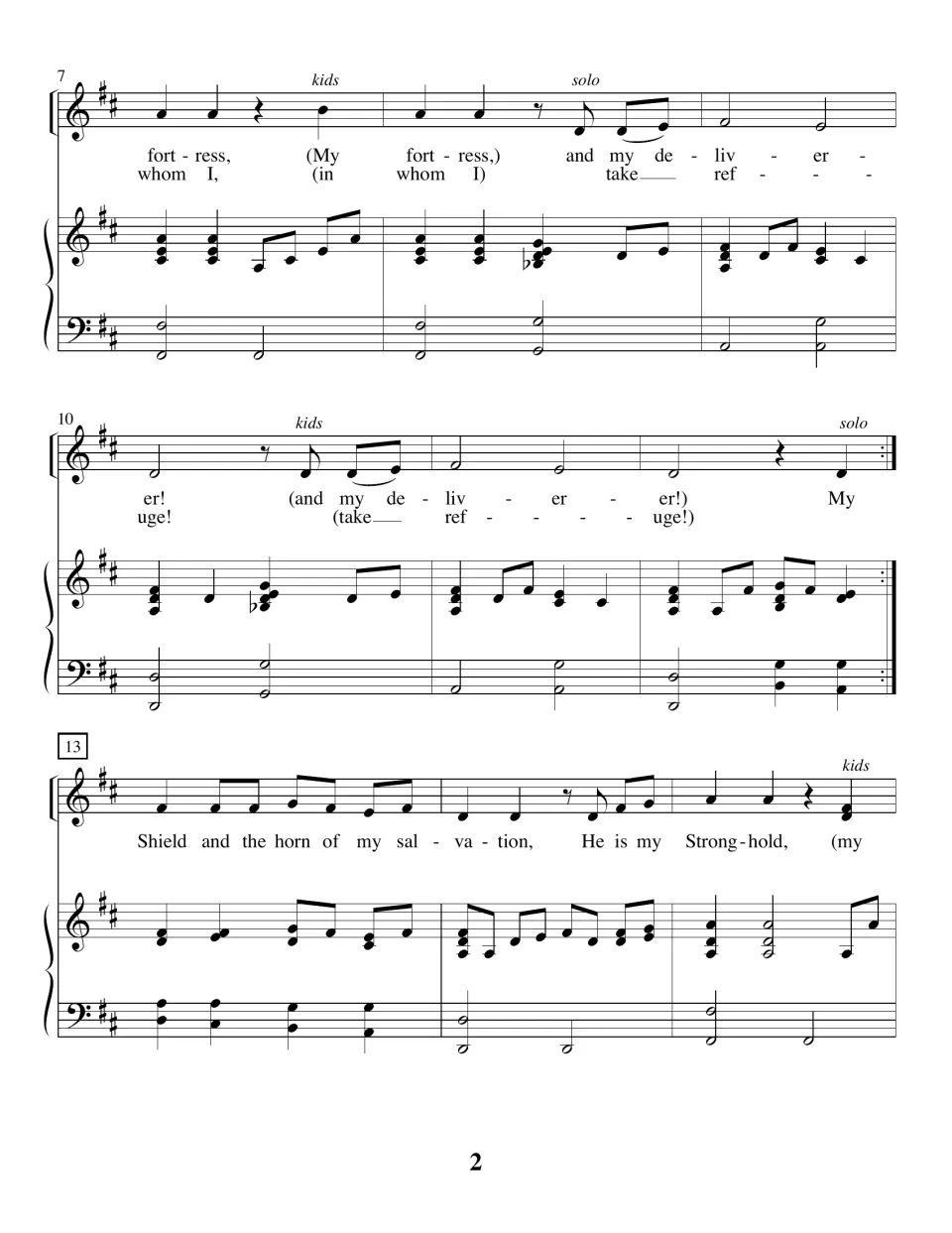 Sheet music bars 7-15: solo and kids echo "My fortress" and "my deliverer," then sing "Shield and the horn of my salvation"