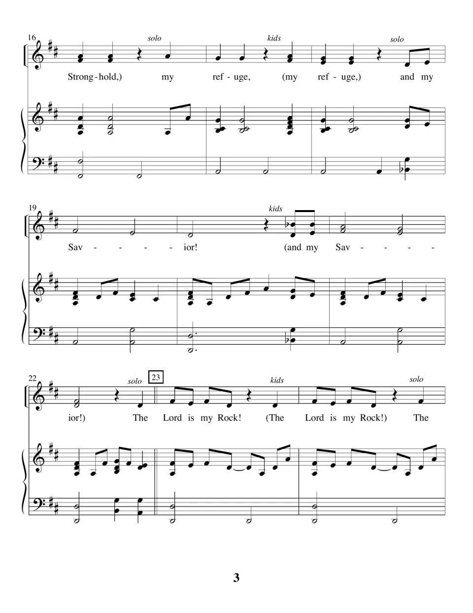 Sheet music bars 16-24: solo and kids echo "my Stronghold," "my refuge" and "my Savior!" before the opening refrain returns