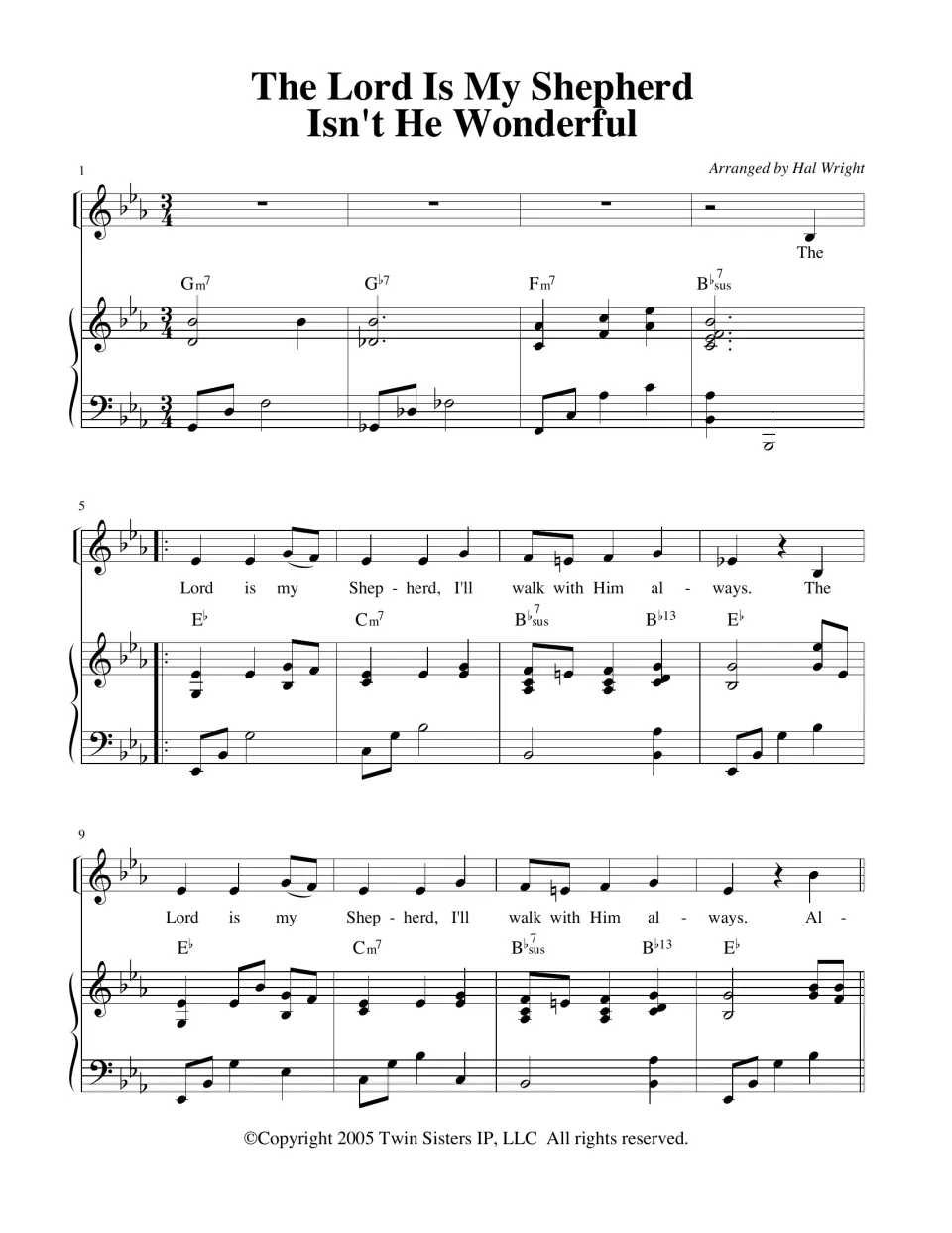 The Lord Is My Shepherd / Isn't He Wonderful, bars 1-12: vocal melody, lyrics and piano part in 3/4 with chord symbols