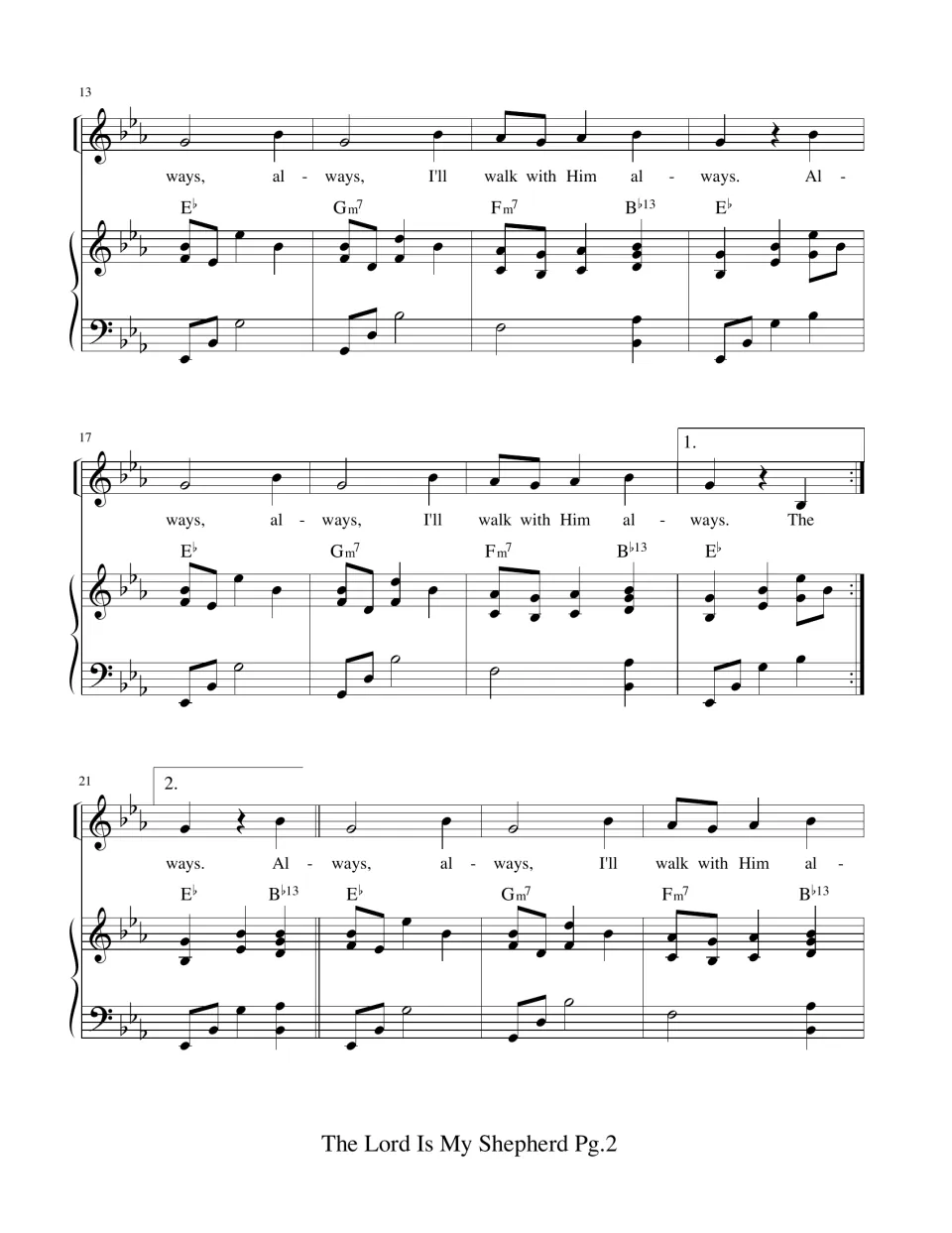 Song score bars 13-24: "I'll walk with Him" refrain in E-flat with 1st and 2nd endings, vocal line and piano chords