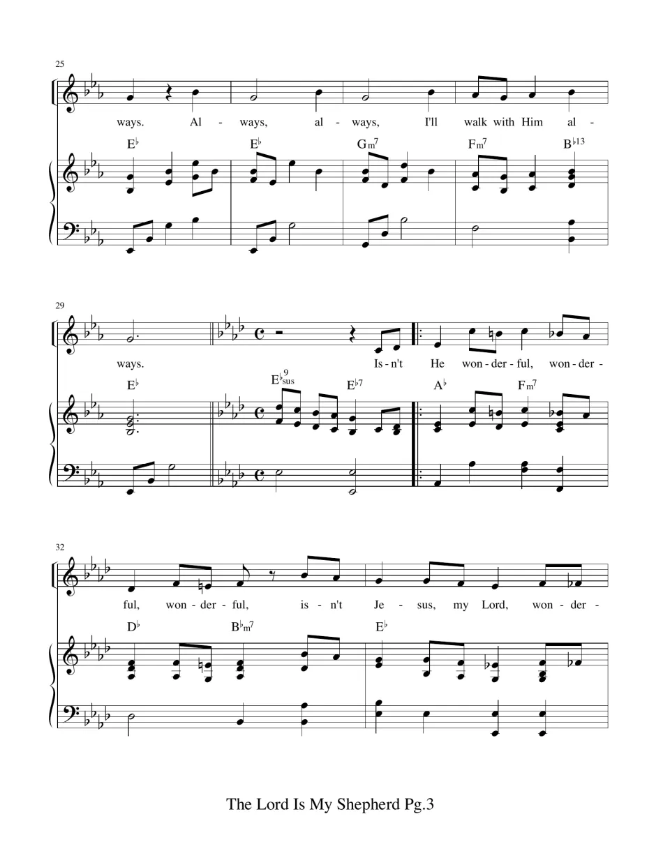 Score bars 25-33: refrain closes, then key moves to 4 flats and 4/4 time for the "Isn't He wonderful" chorus