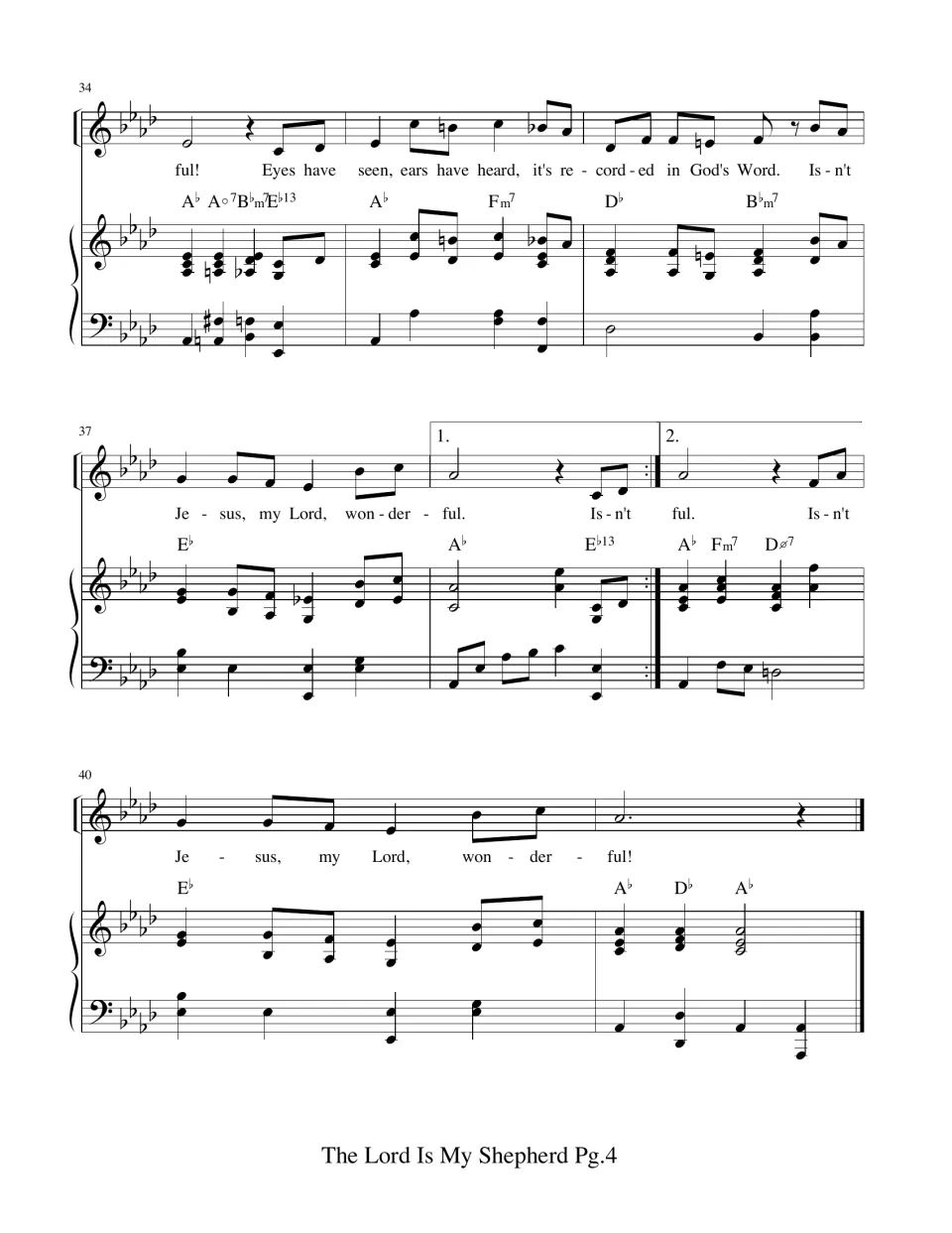 Final score bars 34-41: "Eyes have seen, ears have heard, it's recorded in God's Word" lyrics, endings and closing chords