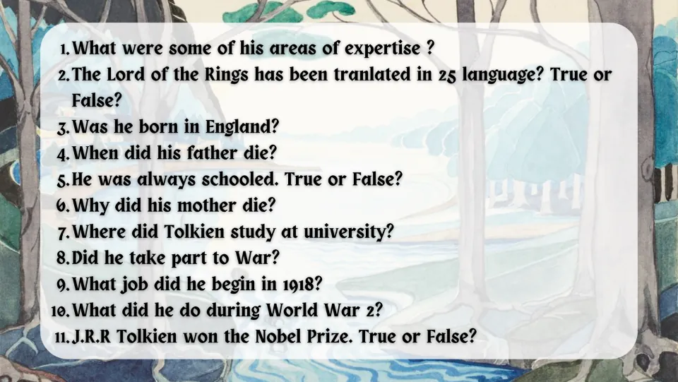 Tolkien biography comprehension questions 1 to 11: his expertise, birthplace, schooling, war service and true/false items