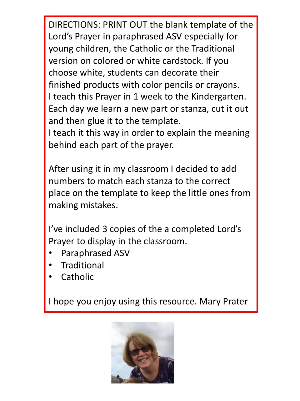 Teacher directions: print a prayer template on cardstock, then cut and glue one stanza a day over a week