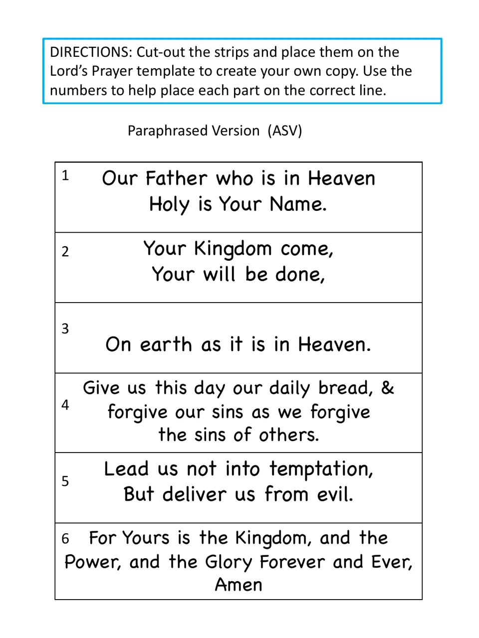 Paraphrased ASV prayer strips: students cut out 6 numbered stanzas, from Our Father to Amen, to sequence on a template
