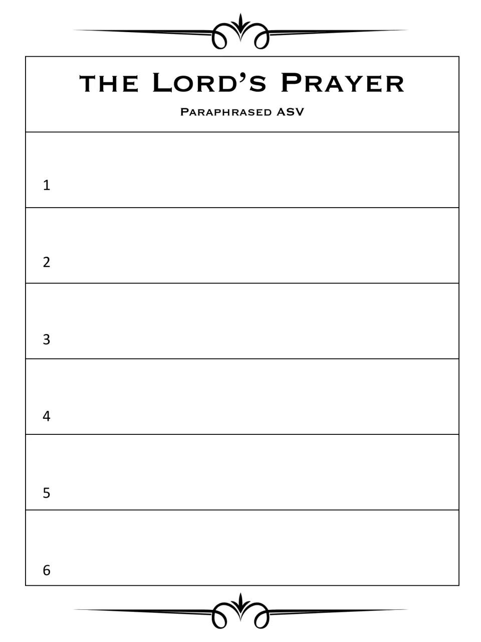 Paraphrased ASV prayer template: students glue the 6 cut stanzas in order onto lines numbered 1 to 6