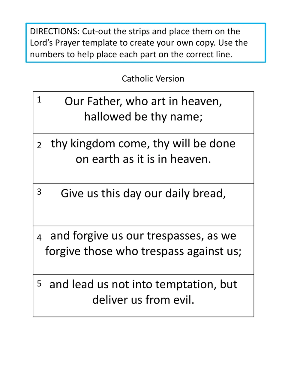 Catholic version prayer strips: students cut out 5 numbered stanzas, ending with deliver us from evil, to sequence