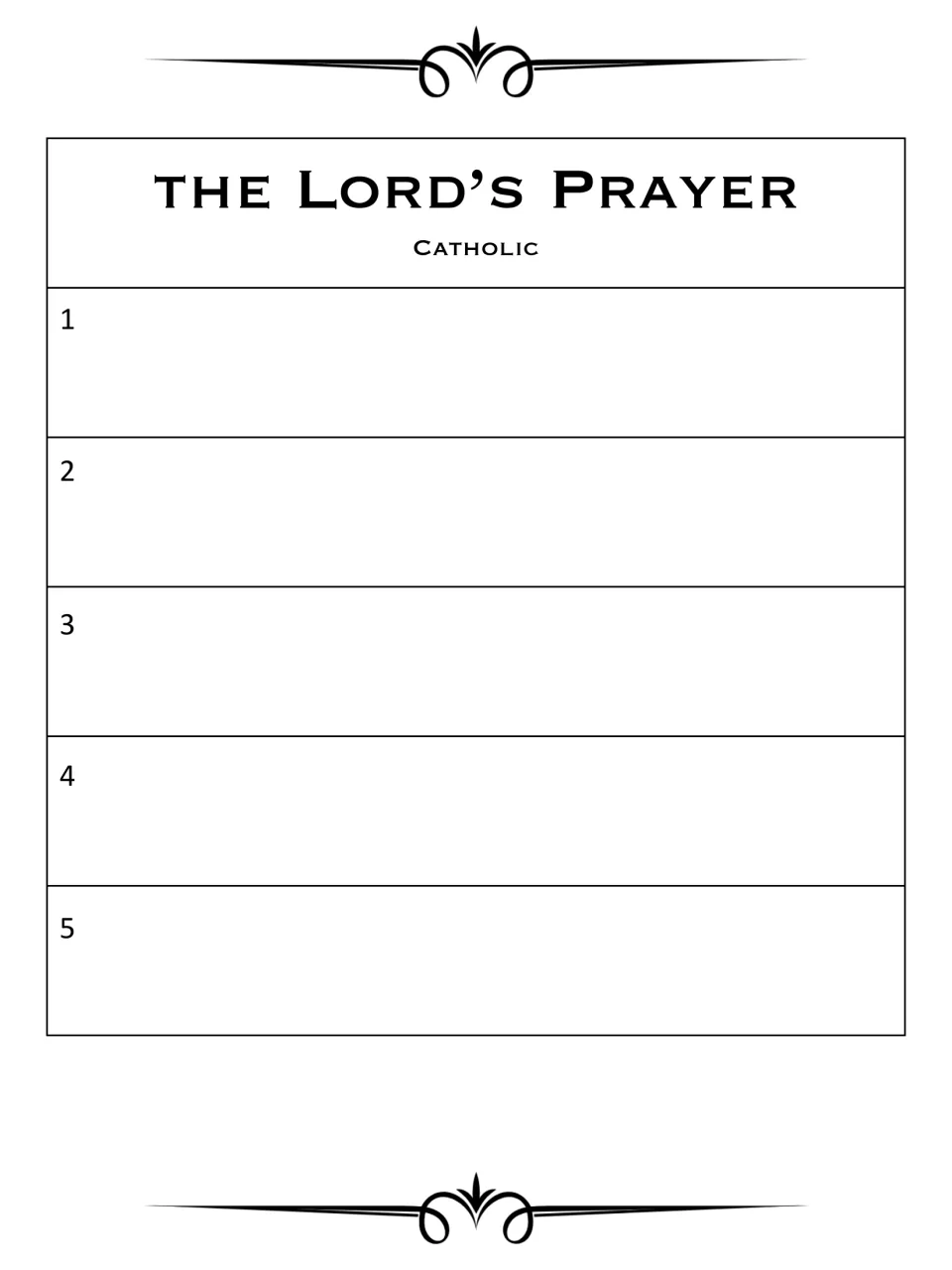 Catholic prayer template: students match each cut strip to lines numbered 1 to 5 and glue the prayer in order
