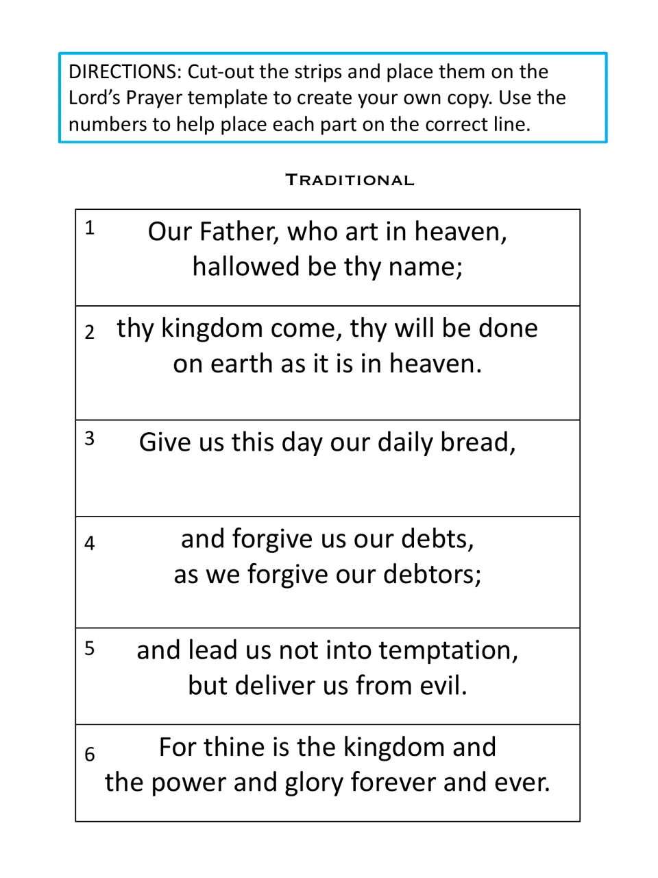 Traditional prayer strips: students cut out 6 numbered stanzas with debts and debtors wording to place in order