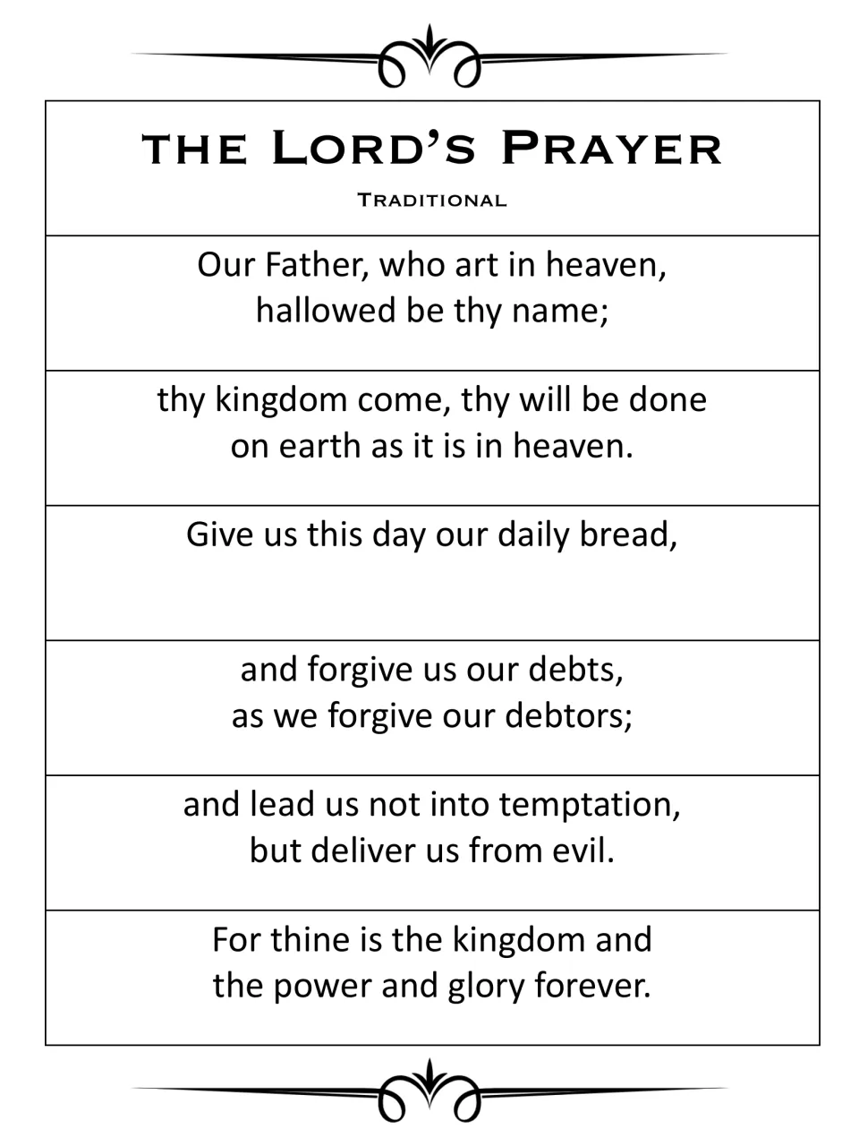 Completed traditional Lord's Prayer display copy showing all six stanzas, from Our Father to glory forever