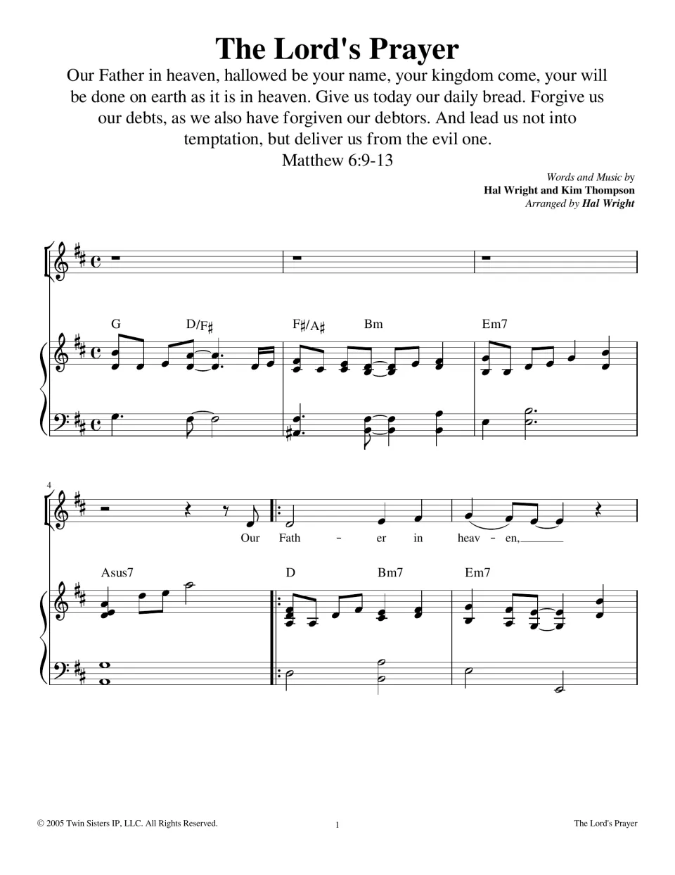 Lord's Prayer song opening: Matthew 6:9-13 text, then vocal and piano parts in D with chords from 'Our Father in heaven'