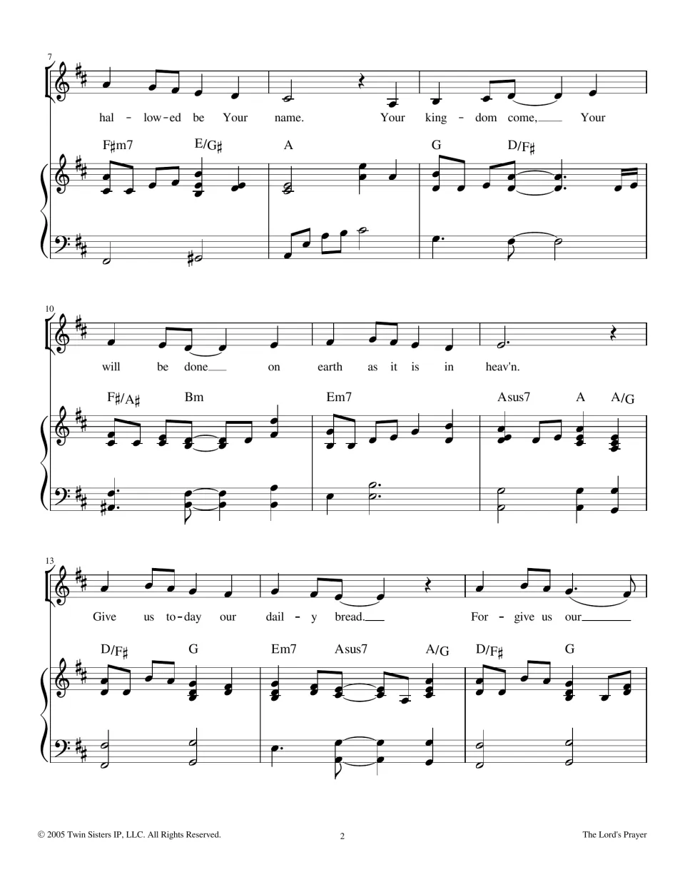 Song page 2, bars 7-15: melody, lyrics and piano chords from 'hallowed be Your name' to 'Give us today... Forgive us'