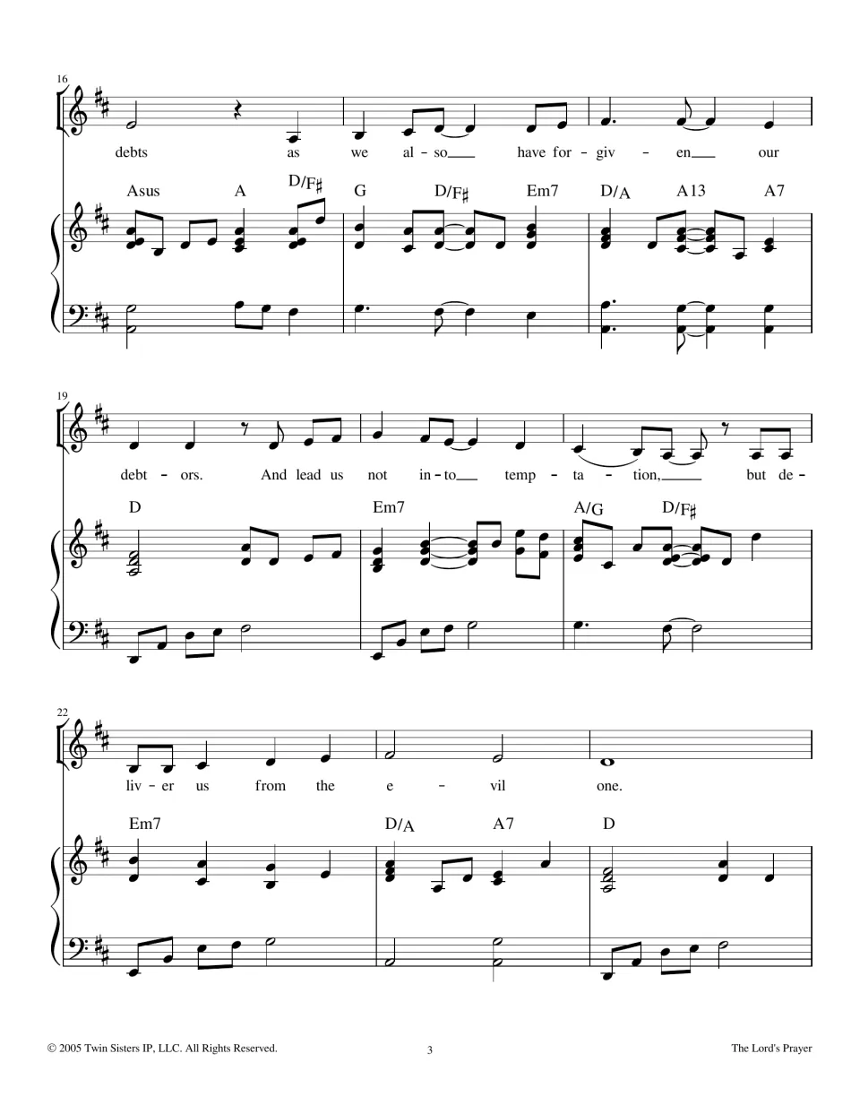 Song page 3, bars 16-24: melody, lyrics and piano for 'debts as we also have forgiven' to 'deliver us from the evil one'