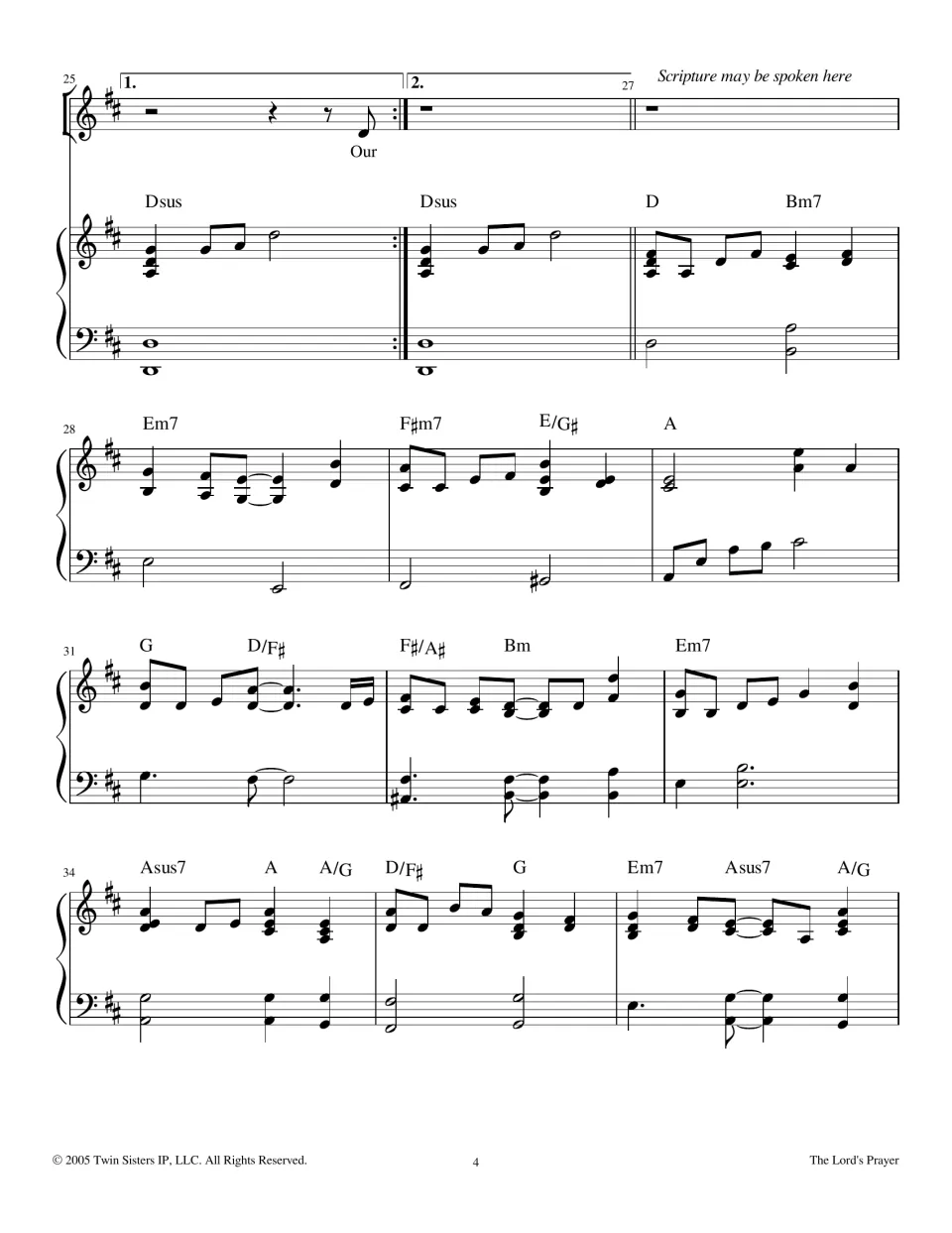 Song page 4, bars 25-36: first and second endings, then a piano-only interlude marked 'Scripture may be spoken here'