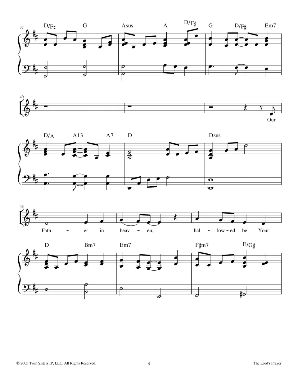 Song page 5, bars 37-45: the piano interlude ends and the voice returns with 'Our Father in heaven, hallowed be Your'