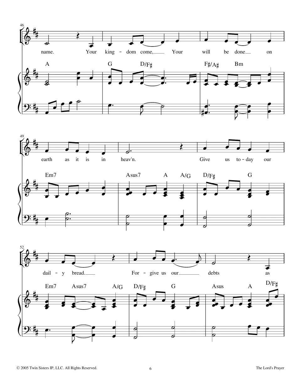 Song page 6, bars 46-54: repeated words with piano chords, from 'name. Your kingdom come' to 'Forgive us our debts as'