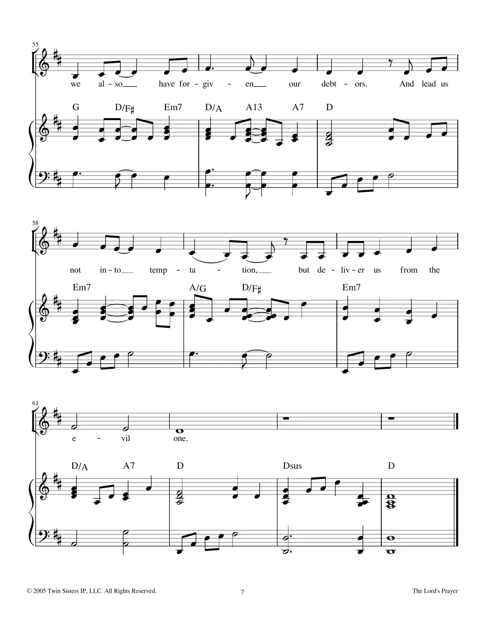 Song page 7, bars 55-64: final phrases 'we also have forgiven our debtors' to 'evil one' and closing piano chords in D