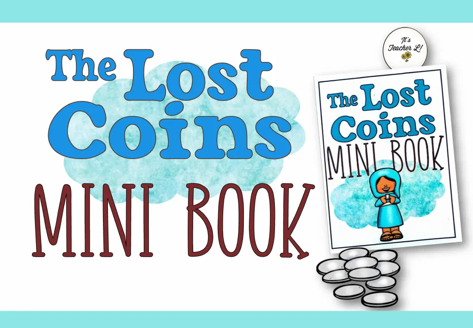 Cover for the lost coin Bible story mini-book set, showing a folded book and a woman holding a coin