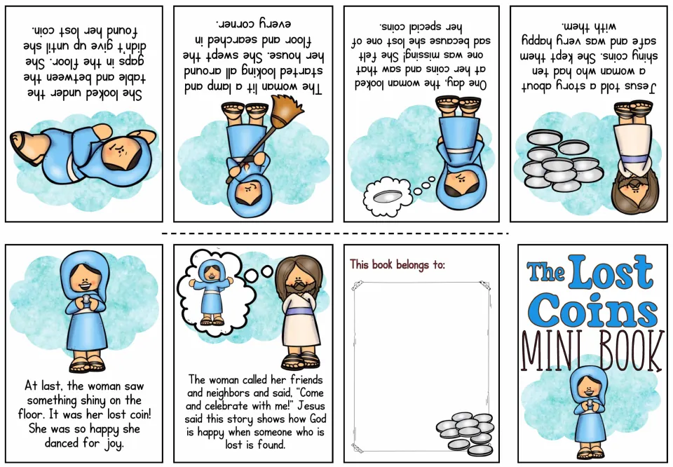 Color mini-book sheet tells how a woman loses one of ten coins, searches her house, and celebrates finding it