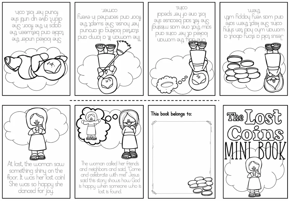 Black-and-white mini-book sheet has traceable story text about the missing coin and six matching illustrations