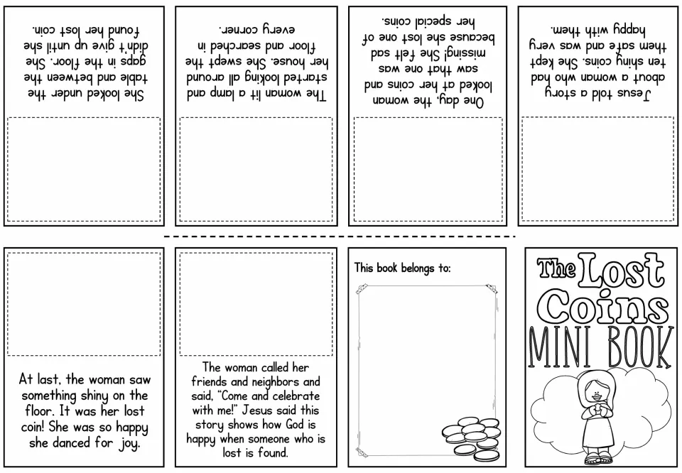 Picture-fill mini-book sheet includes six story passages about the lost coin, each awaiting a matching picture