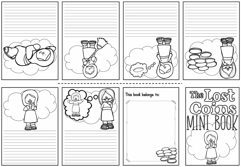 Retelling mini-book sheet pairs six lost coin story illustrations with space for students to write the story