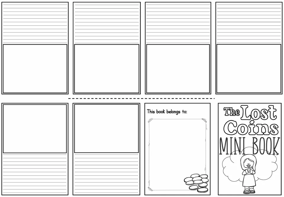 Blank mini-book sheet provides six story pages for writing and drawing, plus a cover and an ownership page