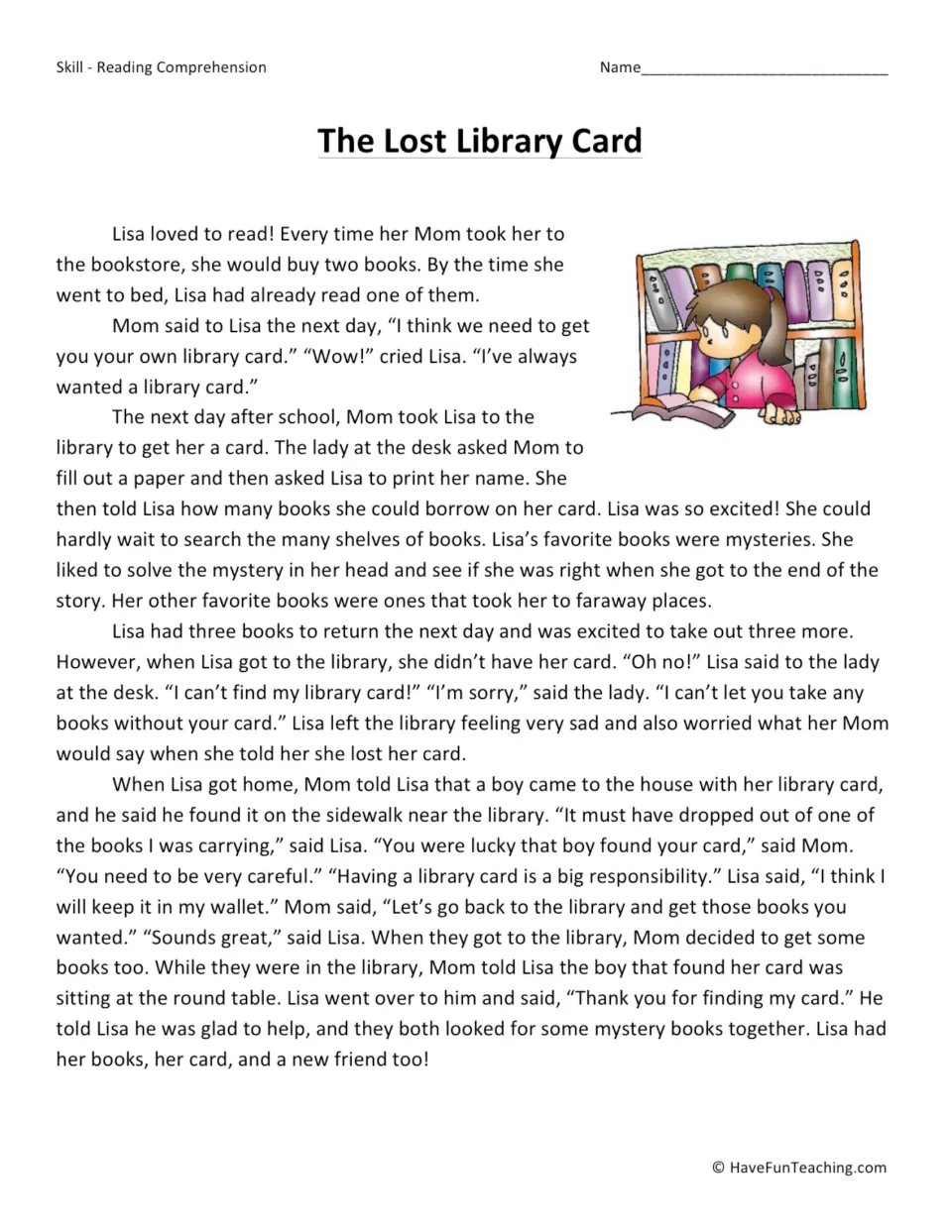 Reading passage about Lisa getting a library card, losing it, and making a friend after a boy returns it.