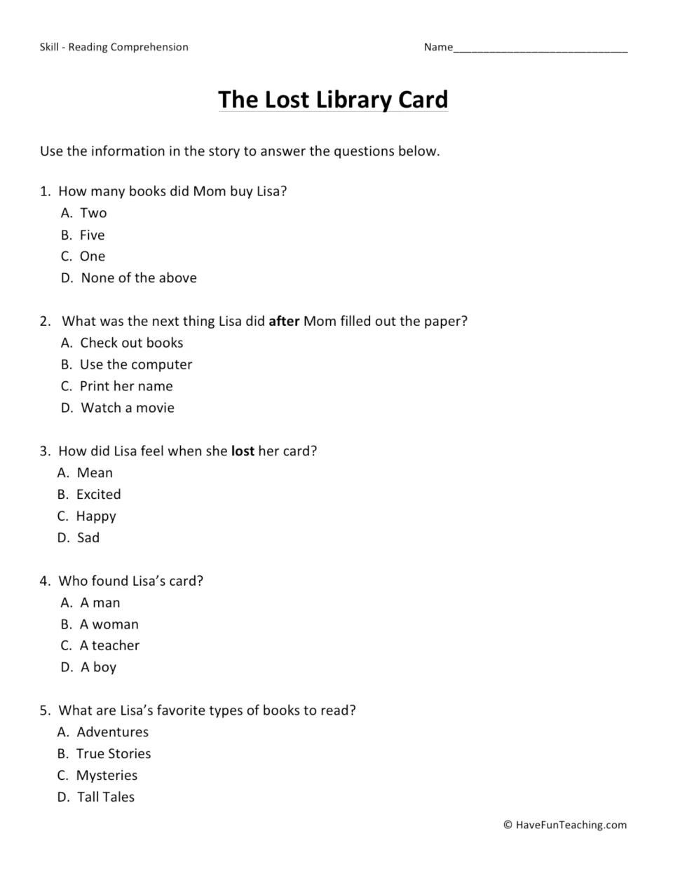 Five multiple-choice questions about Lisa's books, library card, feelings, and the boy who found her card.