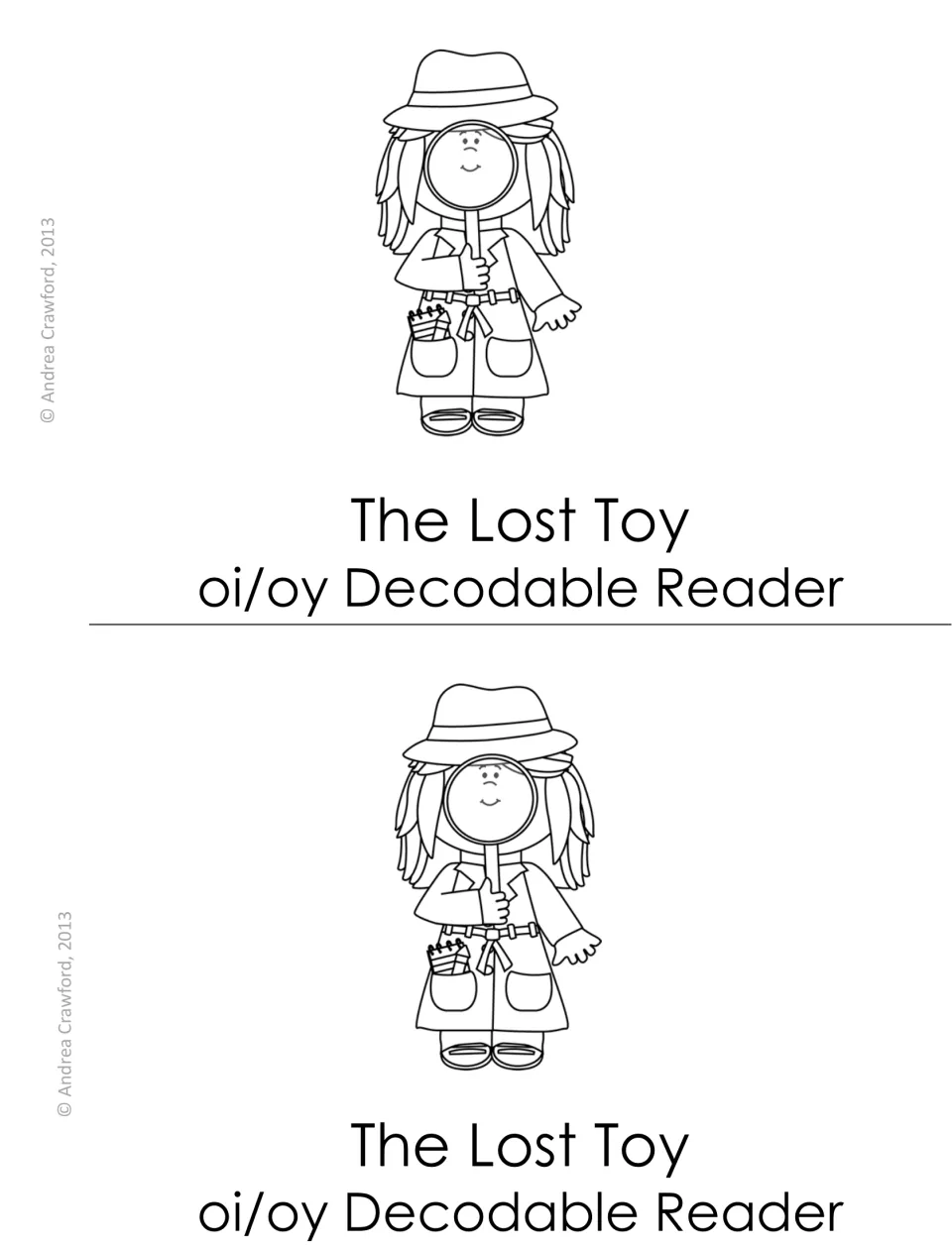 Printable black-and-white booklet cover, two copies per sheet, with a line-art detective girl holding a magnifying glass