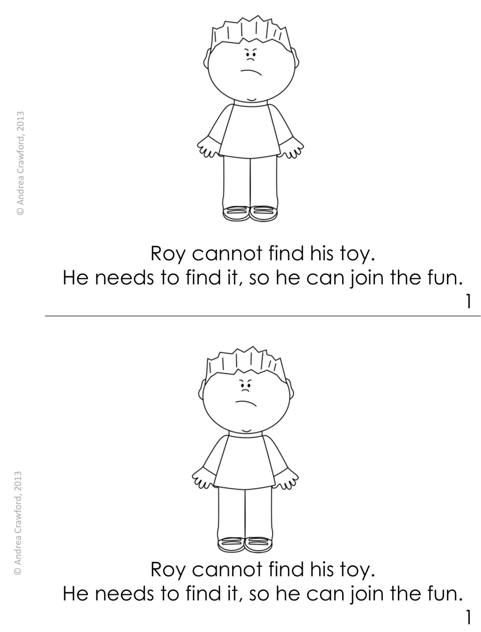 Booklet page 1, printed twice: frowning Roy cannot find his toy and needs it to join the fun; decoding oi/oy in toy and join