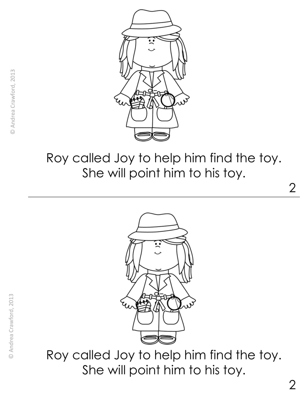 Booklet page 2, printed twice: Roy calls Joy, a girl detective, to help find the toy; oi/oy words Roy, Joy, point, toy