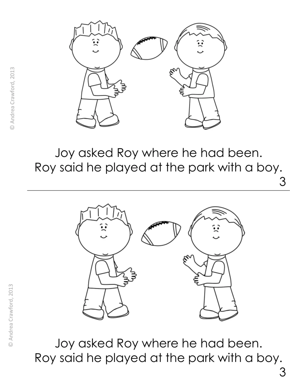 Booklet page 3, printed twice: Roy tells Joy he played at the park with a boy; art shows two boys tossing a football