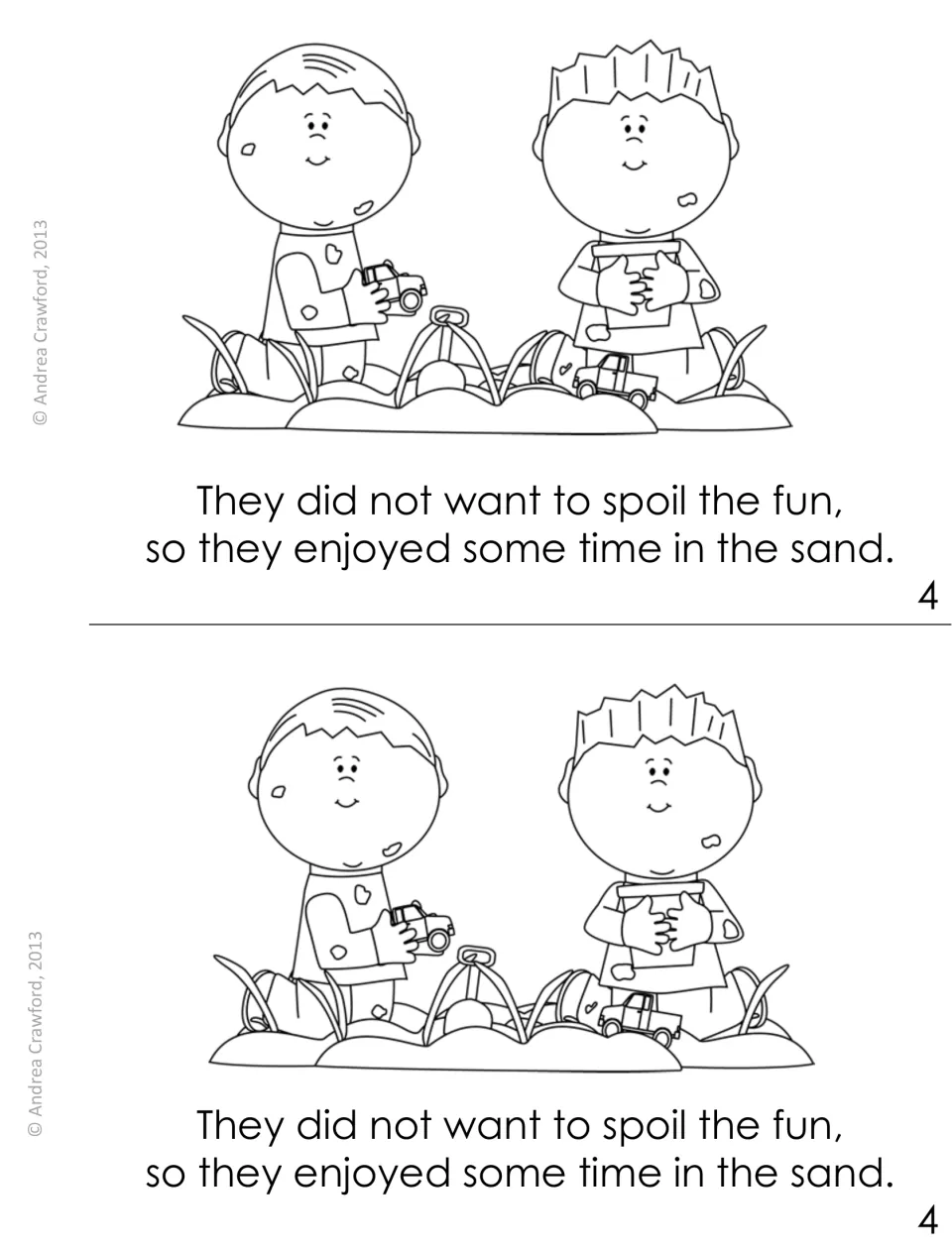 Booklet page 4, printed twice: two boys play with toy trucks in the sand so as not to spoil the fun; oi/oy in spoil, enjoyed